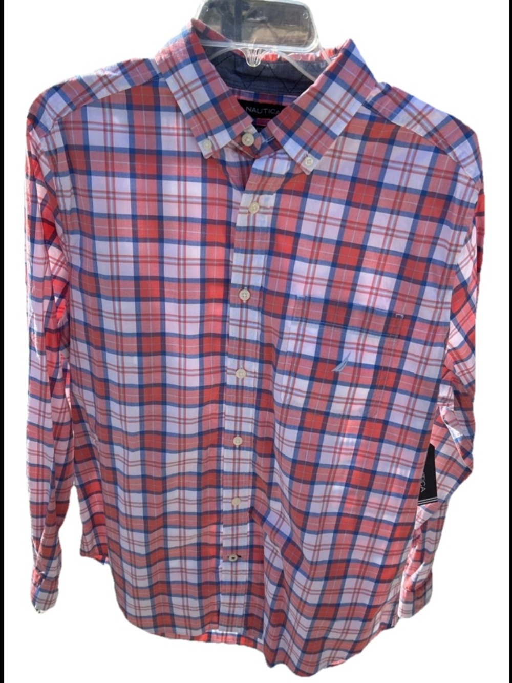 Men’s Nautica M Coral Plaid Long Sleeve Button Down Cotton Shirt NWT